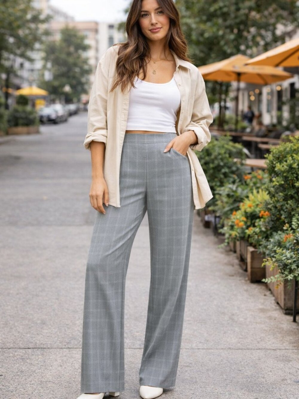 NWT Reformation Mason Wide Leg Trousers Gray Windowpane Plaid Pants Size 10